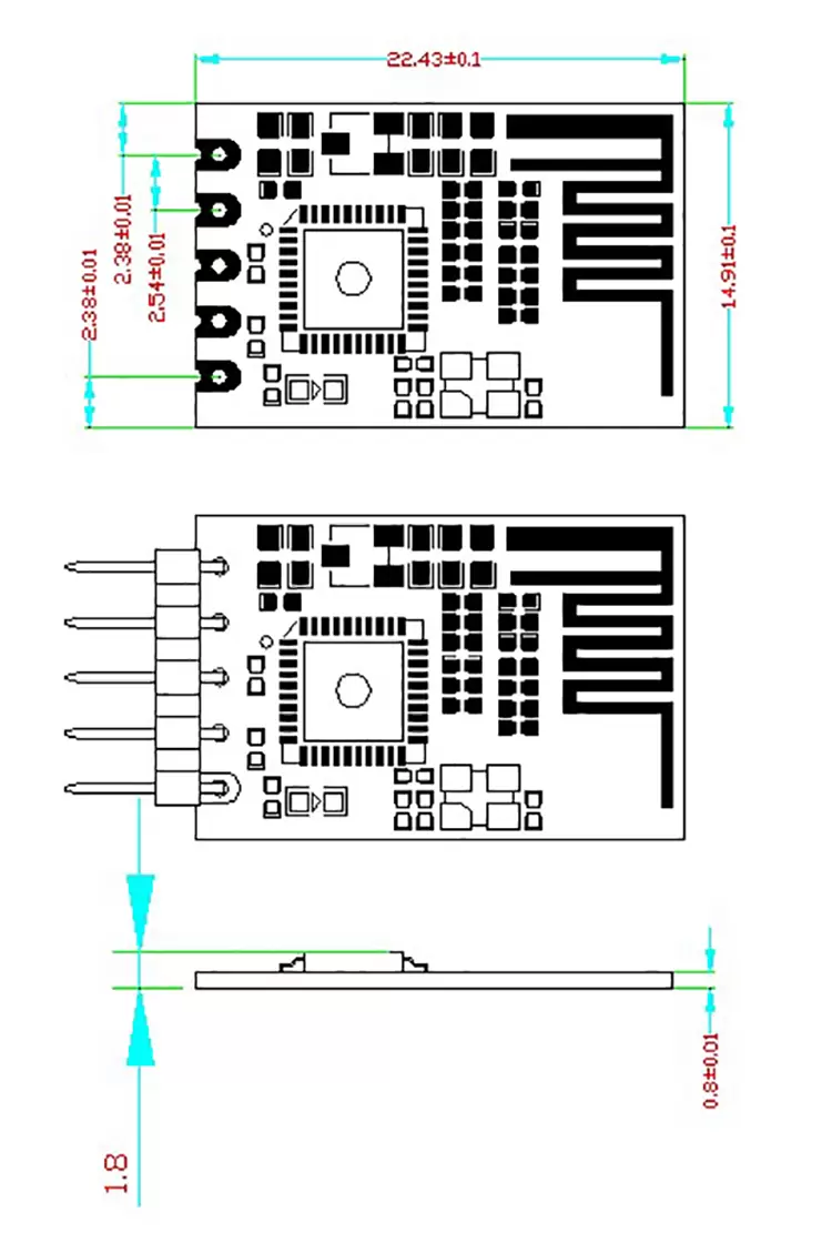 Mechanische Abmessungen des BLE 4.0 UART BLE-Moduls RF2541 Mechanische Abmessungen des BLE 4.0 UART BLE-Moduls RF2541