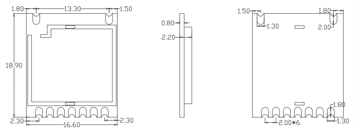 Mechanische Abmessungen des HF-Transceiver-Moduls RF51422 Mechanische Abmessungen des HF-Transceiver-Moduls RF51422