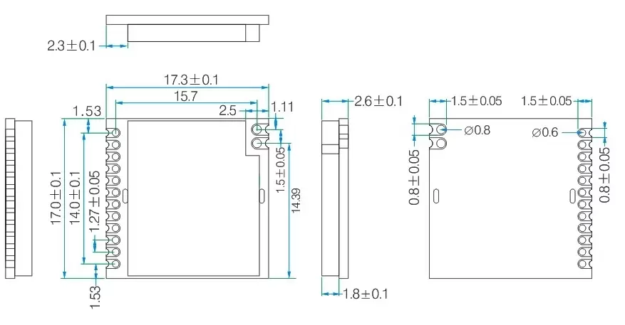Mechanische Abmessungen des drahtlosen 433/470MHz LoRa-Moduls LoRa1278