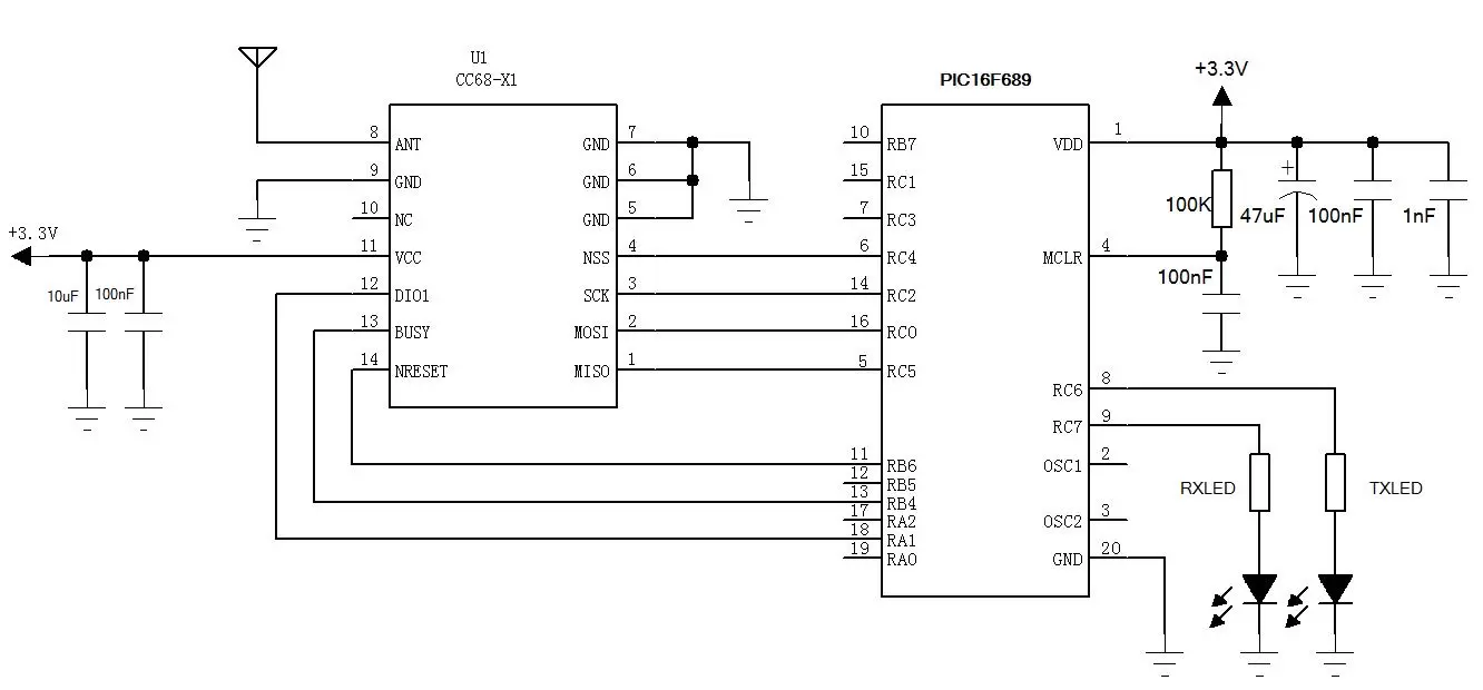 Anwendungsschaltung des Funkmoduls LoRa-CC68-X1.