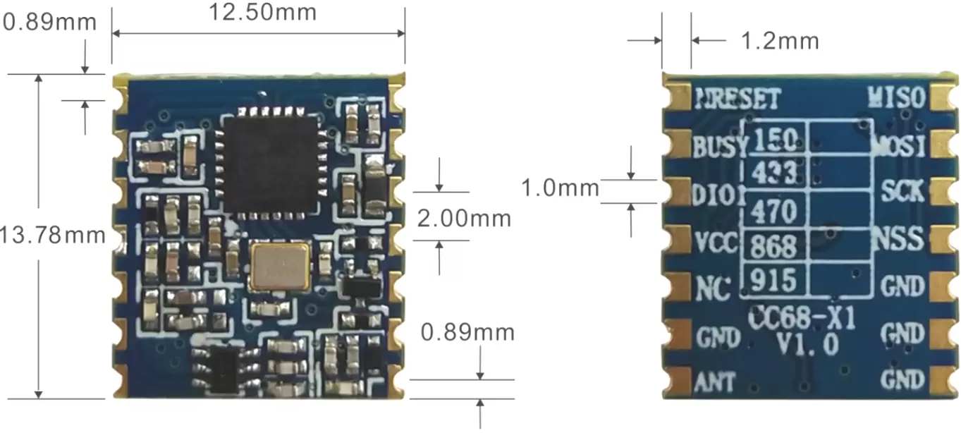 Mechanische Abmessungen des Funkmoduls LoRa-CC68-X1.