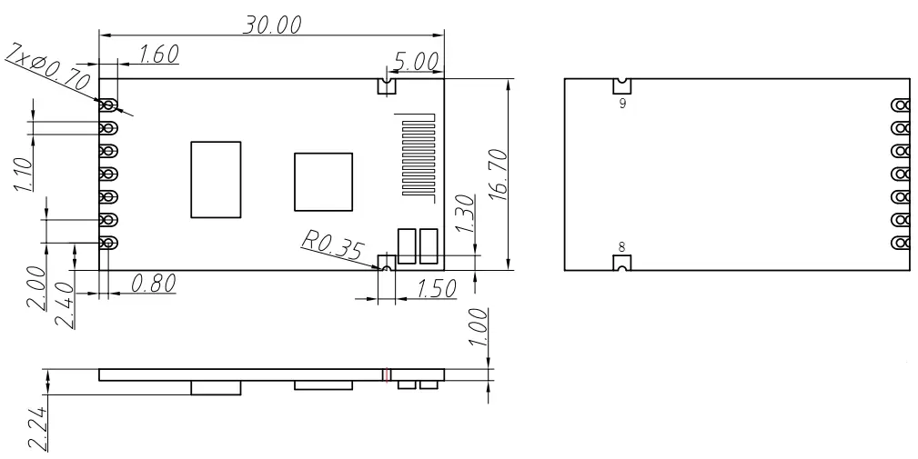 Mechanische Abmessungen des eingebetteten UART-Beacon-Moduls Beacon600