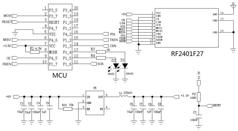 Anwendungsschaltung des 2,4G-Funkmoduls RF2401F27 Anwendungsschaltung des 2,4G-Funkmoduls RF2401F27