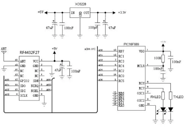 Anwendungsschaltung des 500-mW-HF-Sender- und Empfängermoduls RF4432F27 Anwendungsschaltung des 500-mW-HF-Sender- und Empfängermoduls RF4432F27