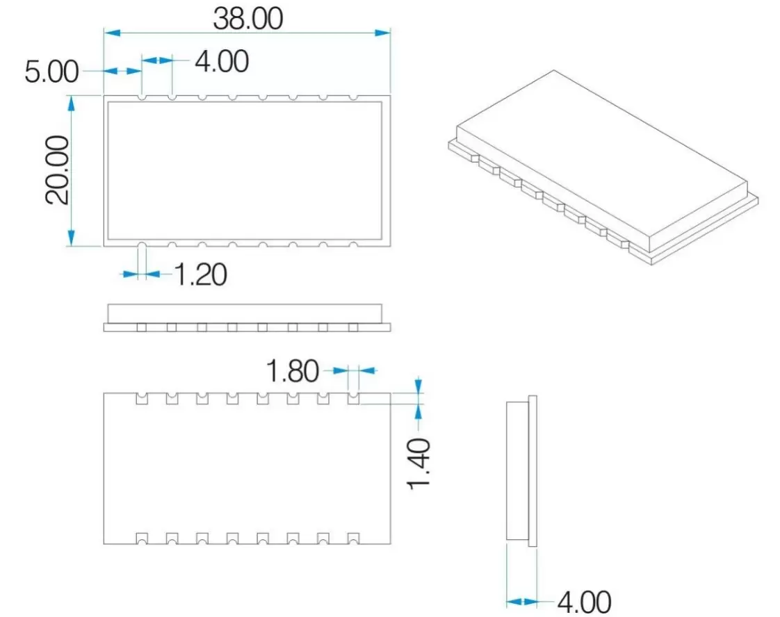 Mechanische Abmessungen des 500-mW-HF-Sender- und Empfängermoduls RF4432F27 Mechanische Abmessungen des 500-mW-HF-Sender- und Empfängermoduls RF4432F27