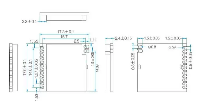 Mechanische Abmessungen des 20mW SX1212-basierten FSK-Moduls RF1212 Mechanische Abmessungen des 20mW SX1212-basierten FSK-Moduls RF1212