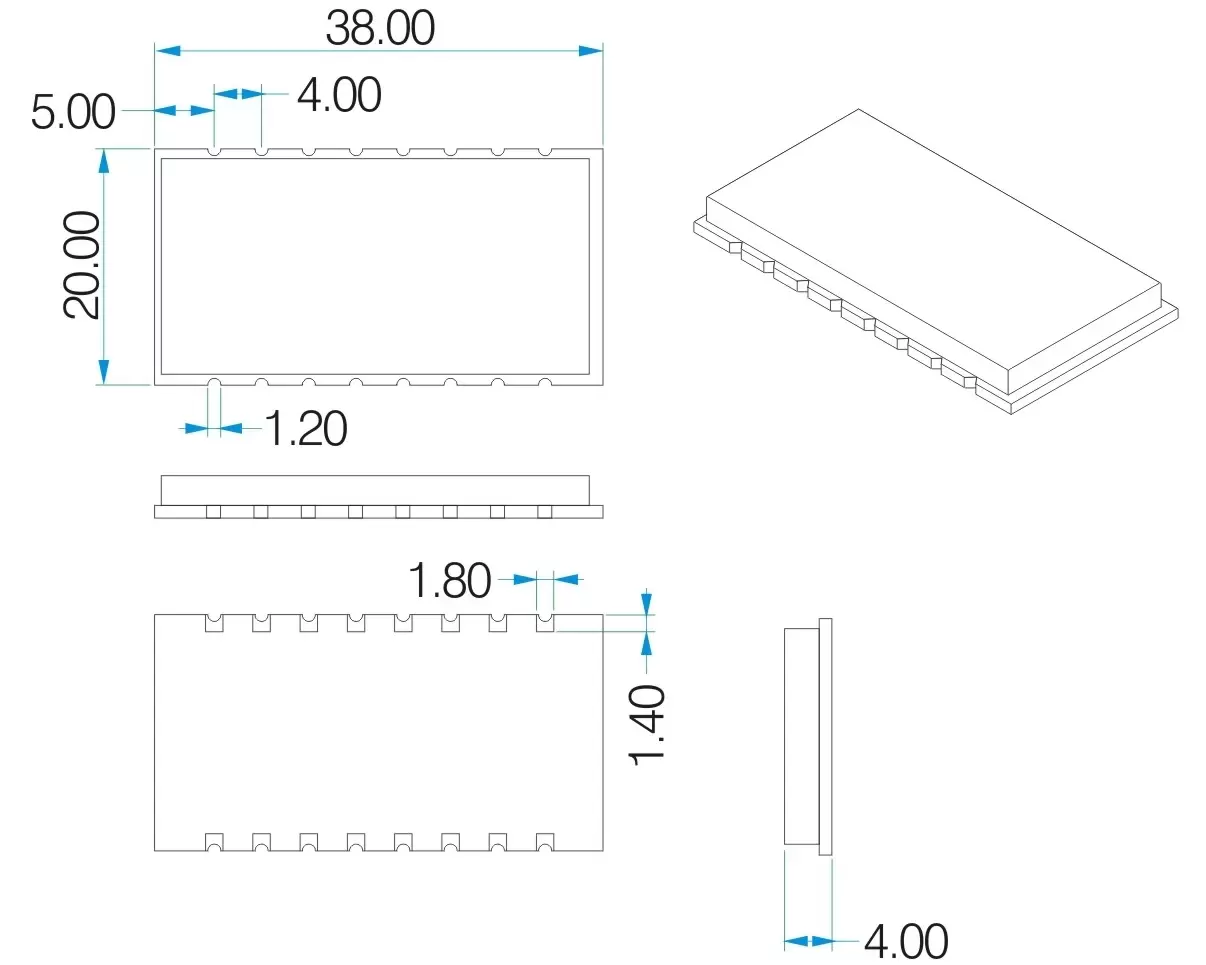 Mechanische Abmessungen des 1W Si4463 HF-Moduls RF4463F30 Mechanische Abmessungen des 1W Si4463 HF-Moduls RF4463F30