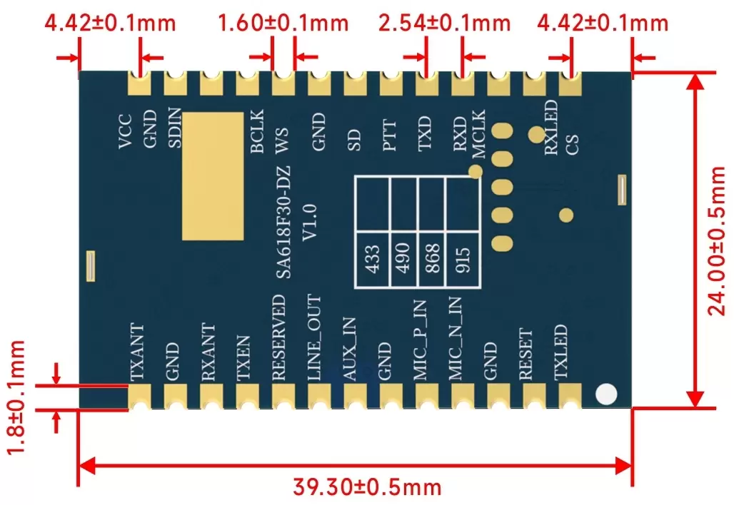 Mechanische Abmessungen des drahtlosen Audiomoduls SA618F30-DZ