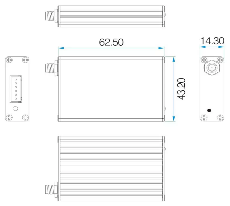 Mechanische Abmessungen des drahtlosen Langstrecken-RF-Modems SV652 im Aluminiumgehäuse. Mechanische Abmessungen des drahtlosen Langstrecken-RF-Modems SV652 im Aluminiumgehäuse.