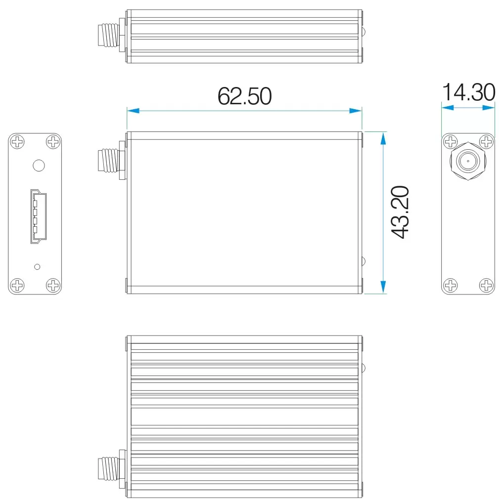 Mechanische Abmessungen des RF-Modems SV653