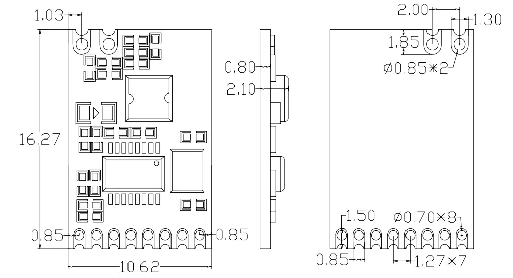 Mechanische Abmessungen des drahtlosen ASK-Sendemoduls STX885 Mechanische Abmessungen des drahtlosen ASK-Sendemoduls STX885