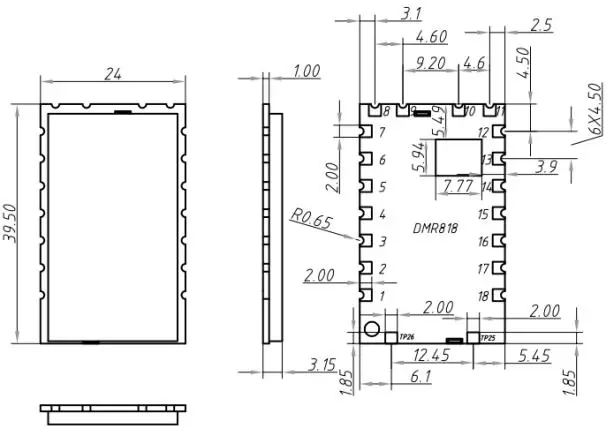 Mechanische Abmessungen des eingebetteten 2-W-Walkie-Talkie-Moduls SA878 mit TCXO-Quarzoszillator Mechanische Abmessungen des eingebetteten 2-W-Walkie-Talkie-Moduls SA878 mit TCXO-Quarzoszillator