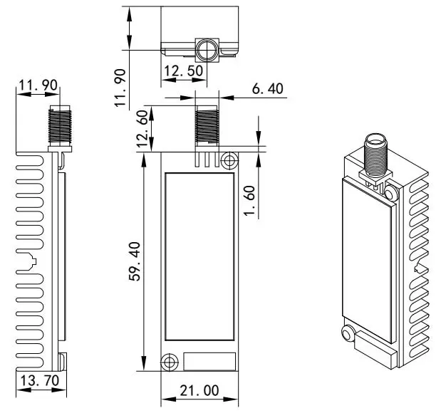 Mechanische Abmessungen des Funkmoduls SA858. Mechanische Abmessungen des Funkmoduls SA858.