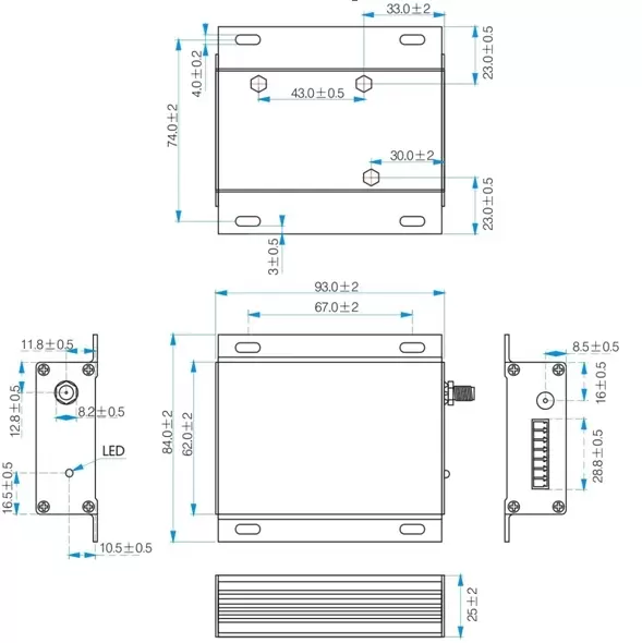Mechanische Abmessungen des Funk-Schaltmoduls SK100 Mechanische Abmessungen des Funk-Schaltmoduls SK100