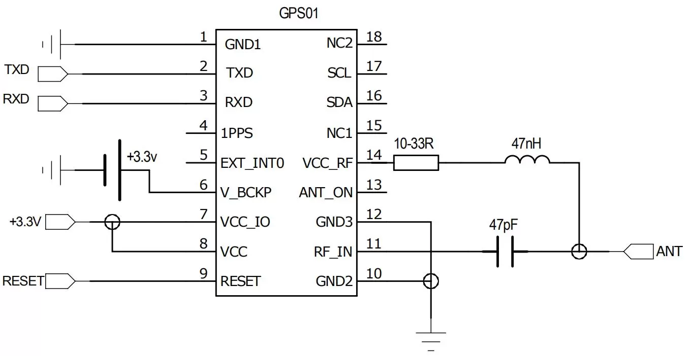 Anwendungsschaltplan der aktiven Antenne des GPS-Moduls GPS01