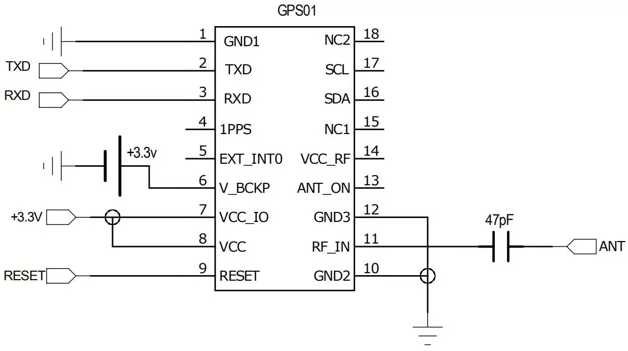 Anwendungsschaltplan der passiven Antenne des GPS-Moduls GPS01