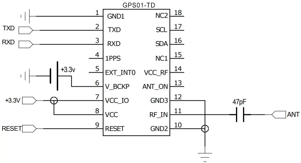 Schaltplan der passiven Antennenanwendung für das GPS-Modul GPS01-TD