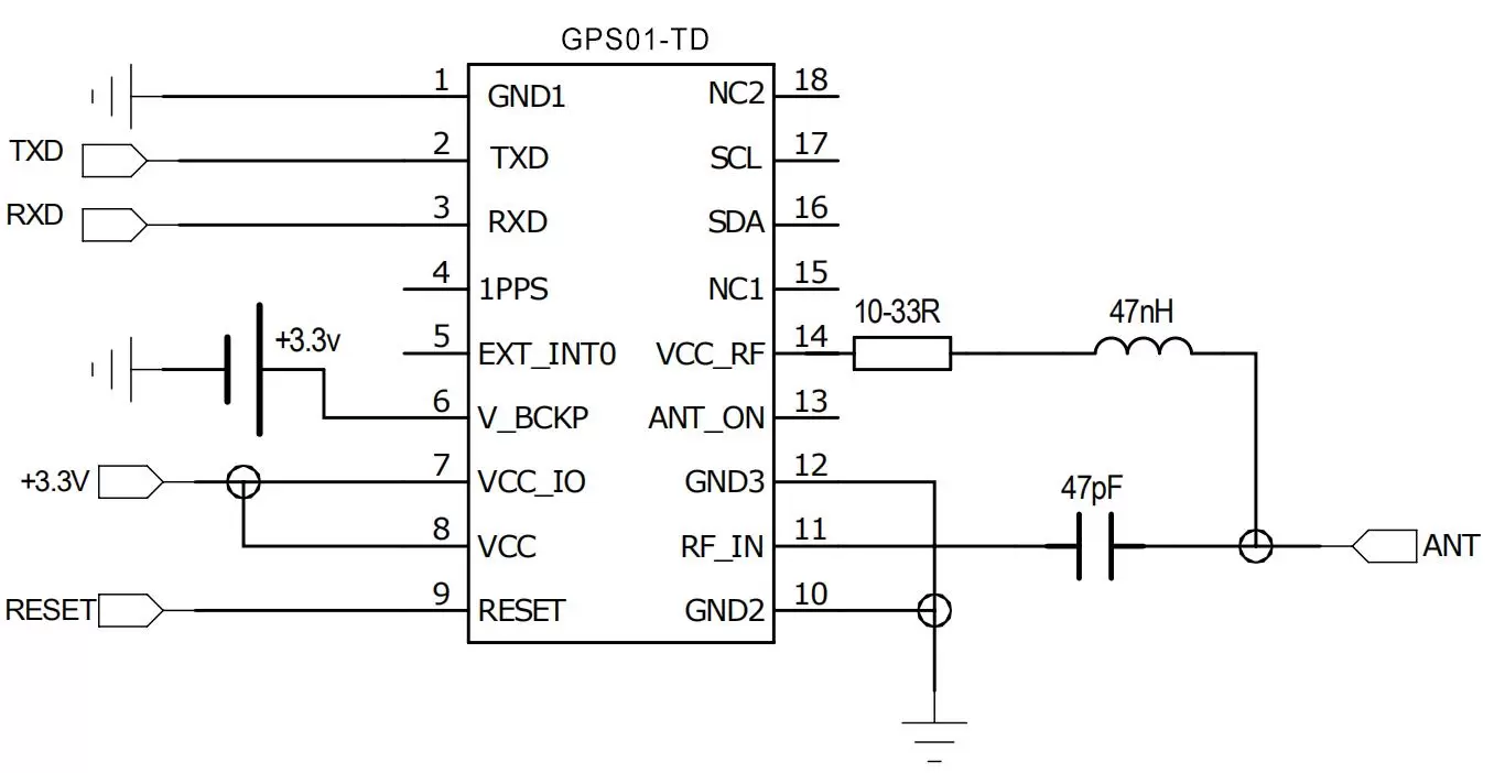 Schaltplan der aktiven Antennenanwendung für das GPS-Modul GPS01-TD