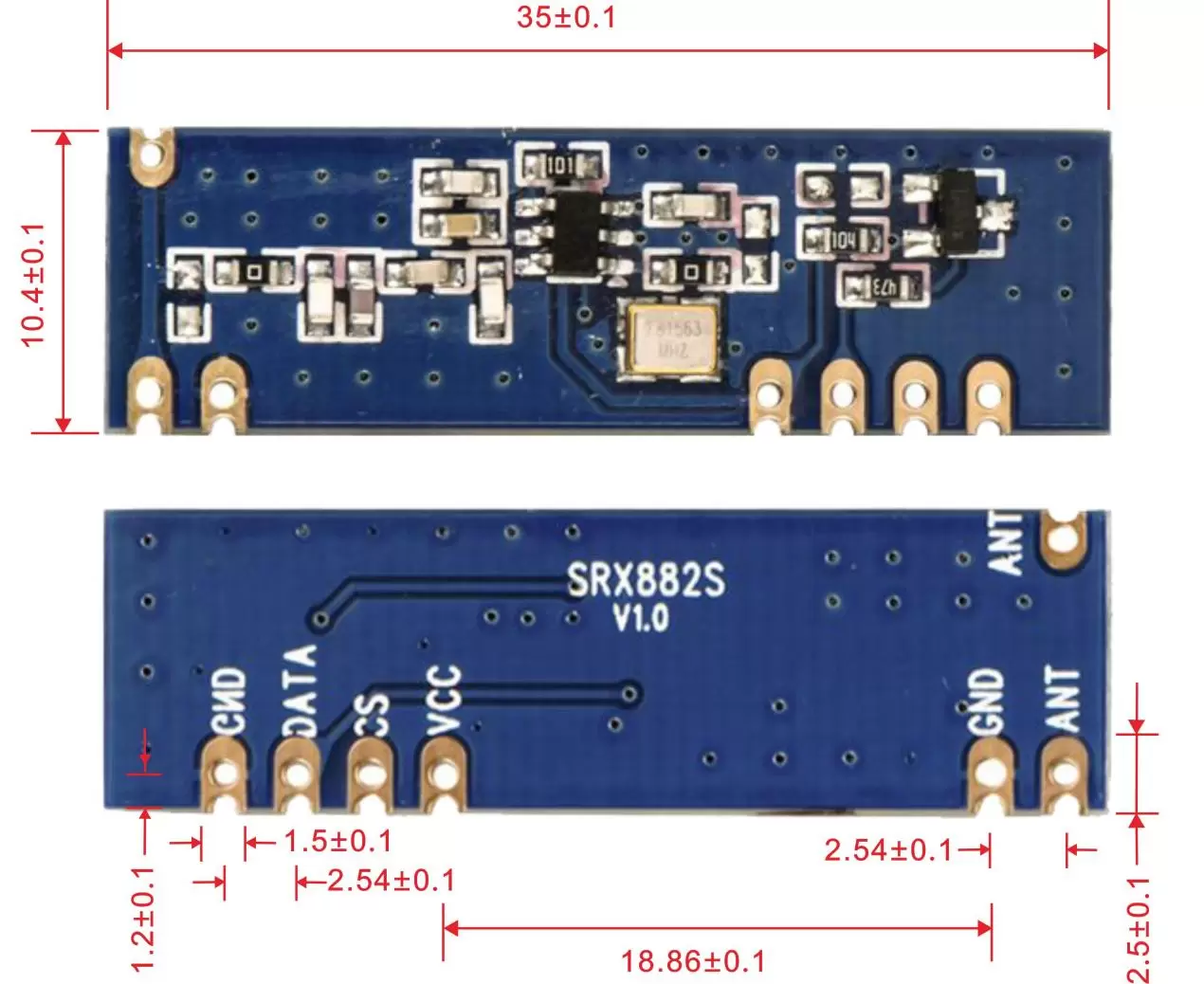Mechanische Abmessungen des Superheterodynmoduls SRX882S