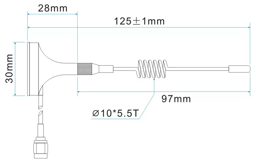 Abmessungen der 433 MHz High Gain Small Sucker Antenne SW433-XPXM Abmessungen der 433 MHz High Gain Small Sucker Antenne SW433-XPXM
