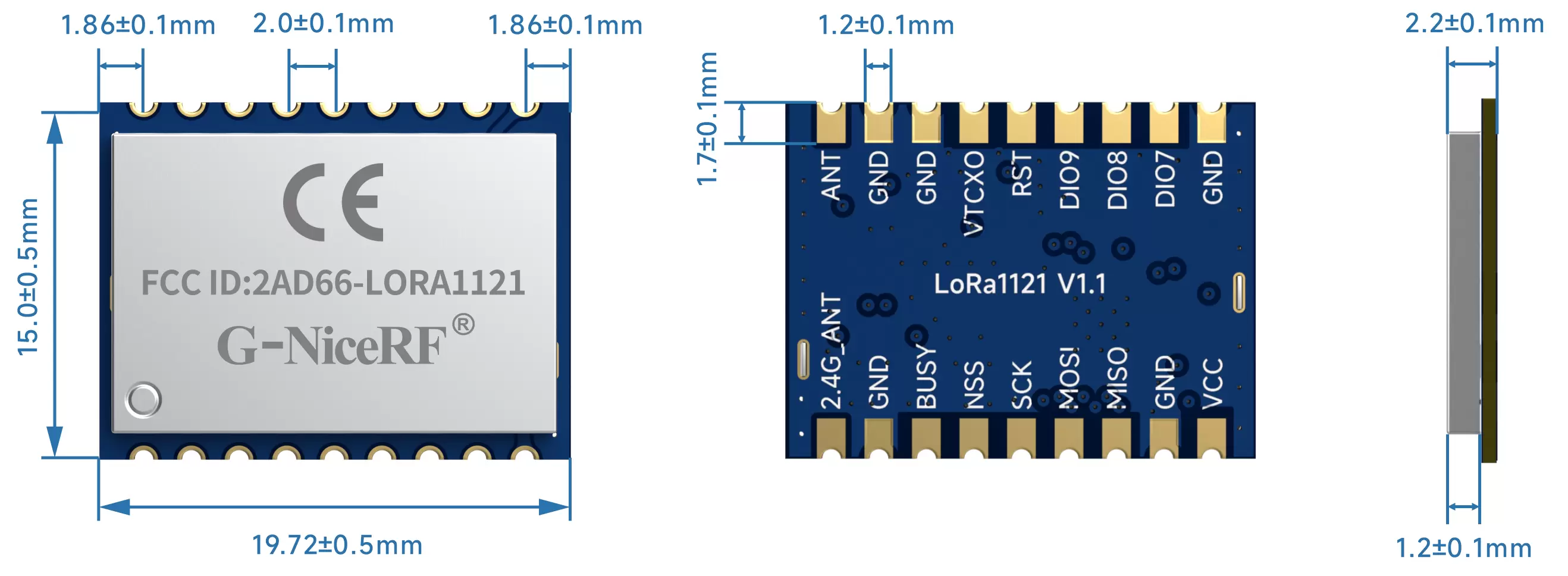 Die Größe des Lora-Moduls lora1121