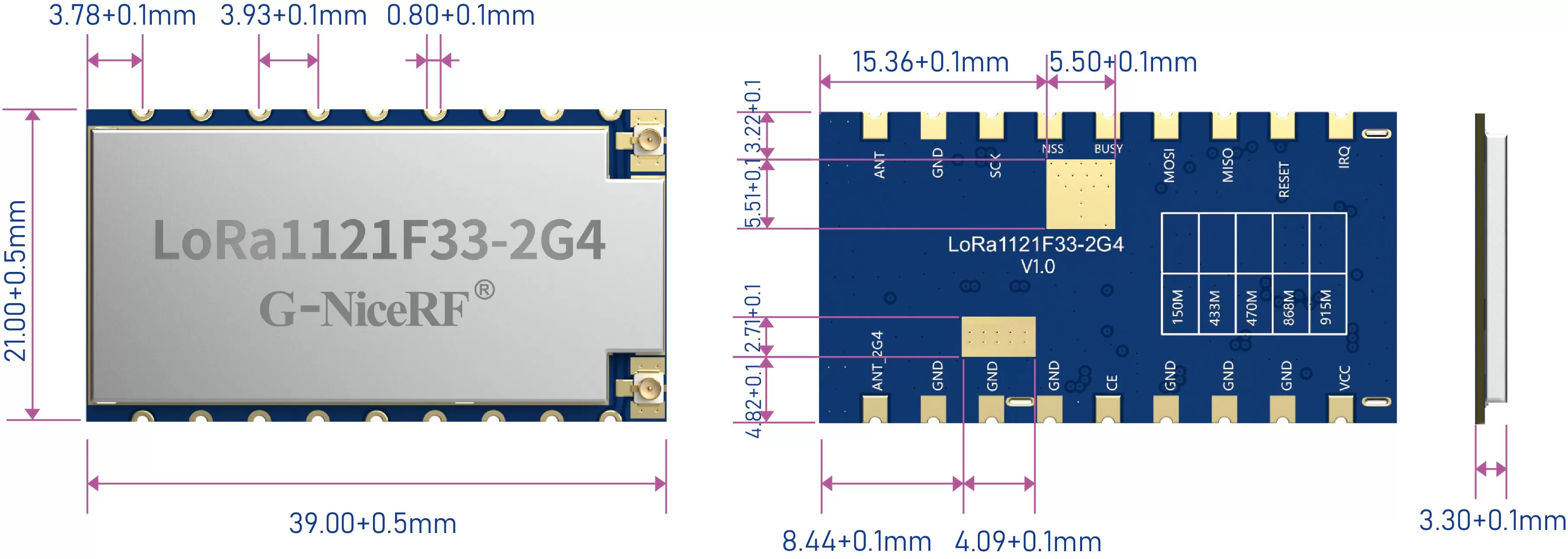 Größendiagramm des LR1121-Lora-Moduls LoRa1121F33-2G4