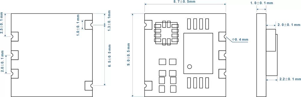 Abmessungen des 3D-Schrittzählermoduls STP100M Abmessungen des 3D-Schrittzählermoduls STP100M