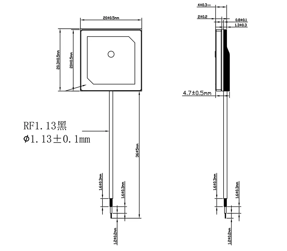 Mechanische Abmessungen der aktiven GPS-Antenne AGPS20A-36C