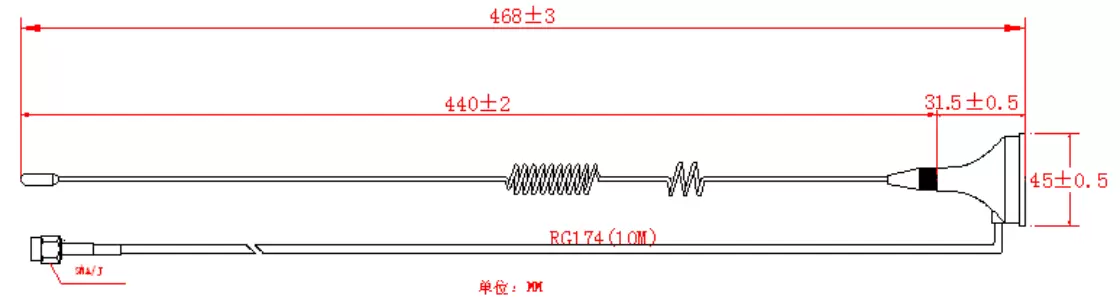 Abmessungen der 433 MHz Saugnapfantenne SW433-LXP-10M Abmessungen der 433 MHz Saugnapfantenne SW433-LXP-10M