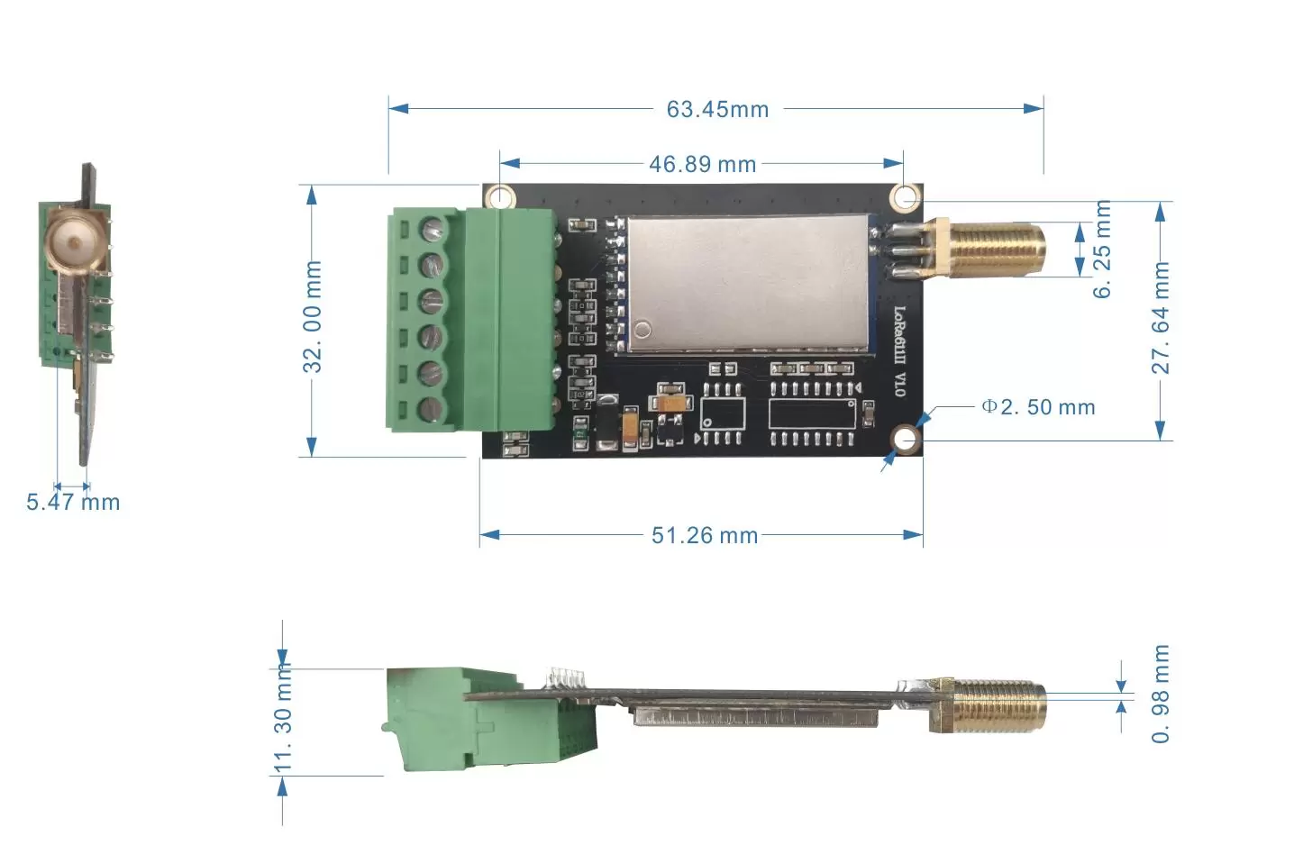Mechanische Abmessungen des Funkmoduls LoRa611II Mechanische Abmessungen des Funkmoduls LoRa611II