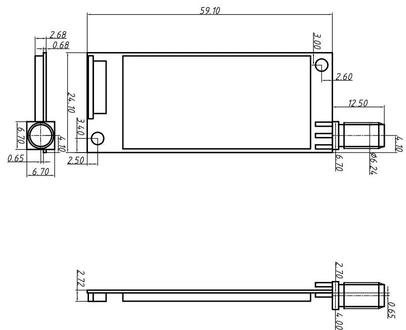 Mechanische Abmessungen des Funkmoduls DMR858S.