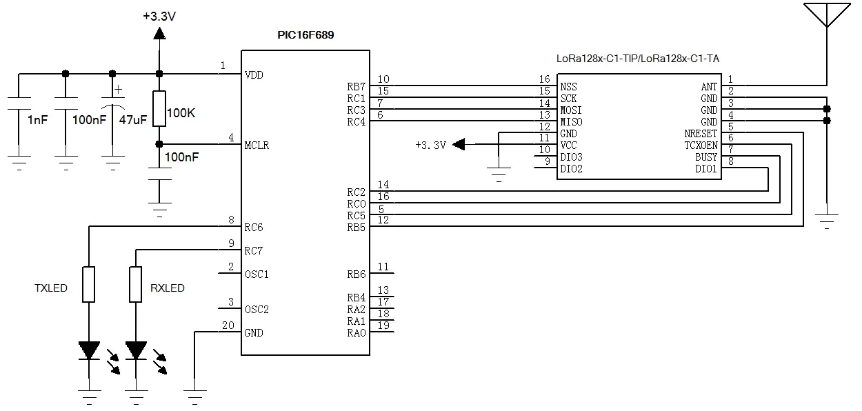 Anwendungsschaltung des 2,4-GHz-LoRa-Funktransceivermoduls LoRa128X-C1-TIP/LoRa128X-C1-TA für Konnektivität über große Entfernungen.