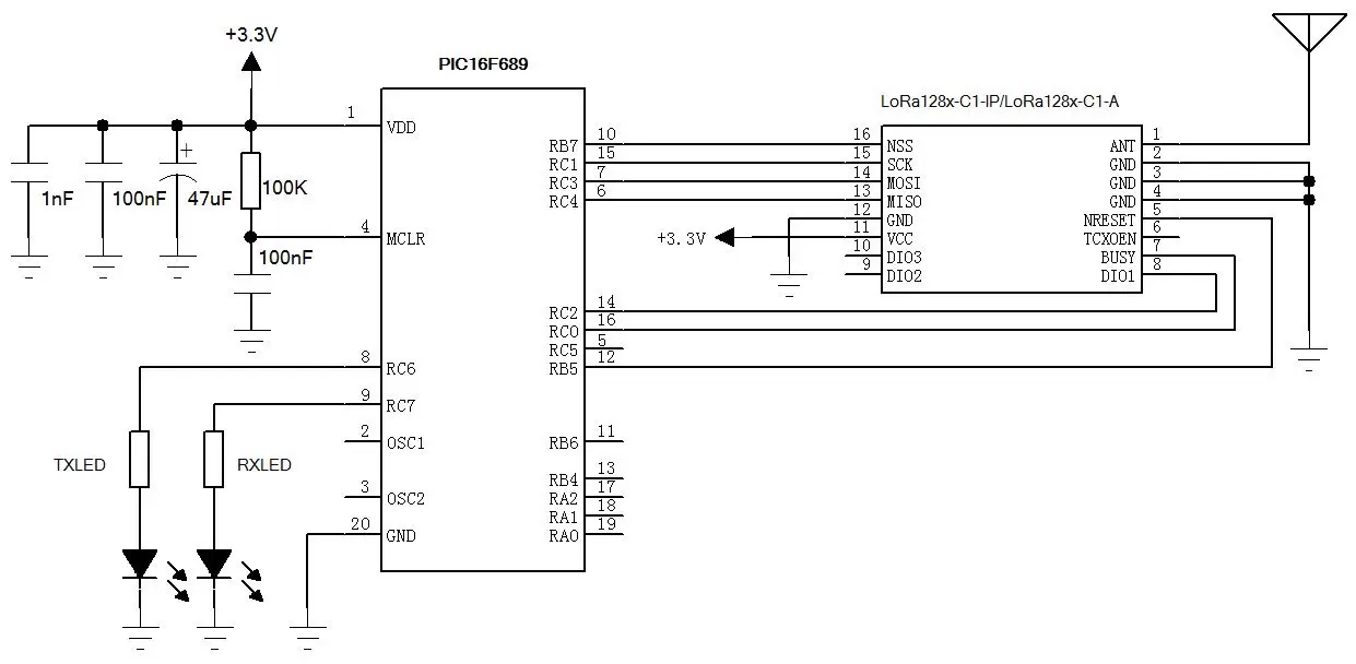 Anwendungsschaltung des 2,4-GHz-LoRa-Funktransceivermoduls LoRa128X-C1-IP/LoRa128X-C1-A für Konnektivität mit großer Reichweite.