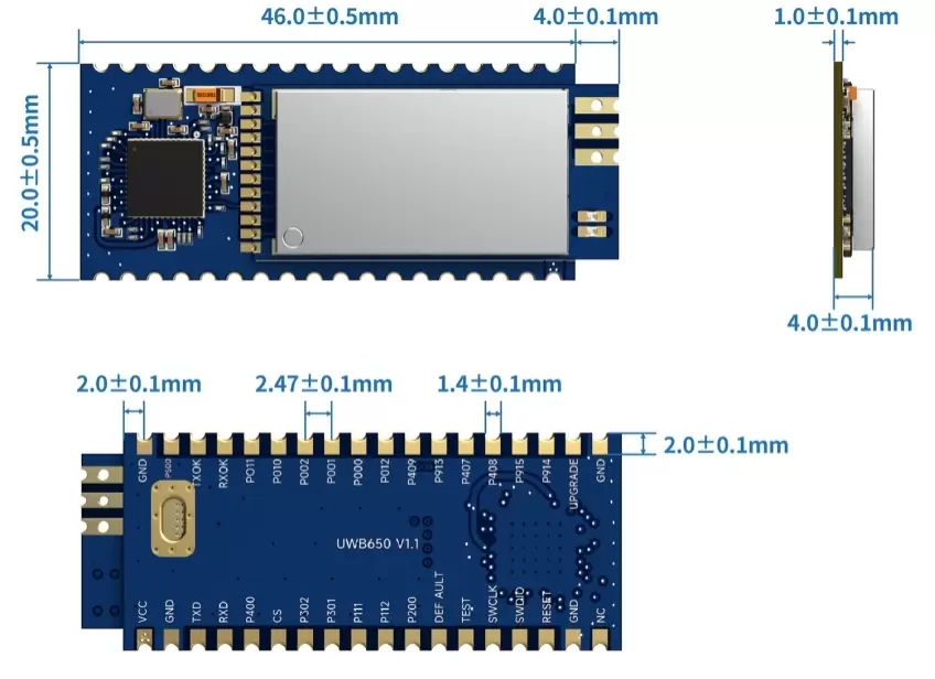 Mechanische Abmessungen des UWB650-Moduls