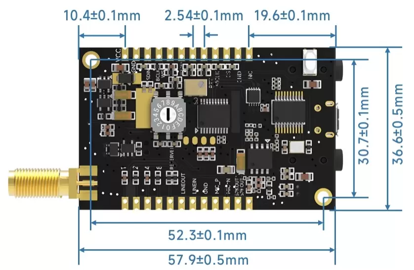 Mechanische Abmessungen des drahtlosen Audiomoduls SA628F30.