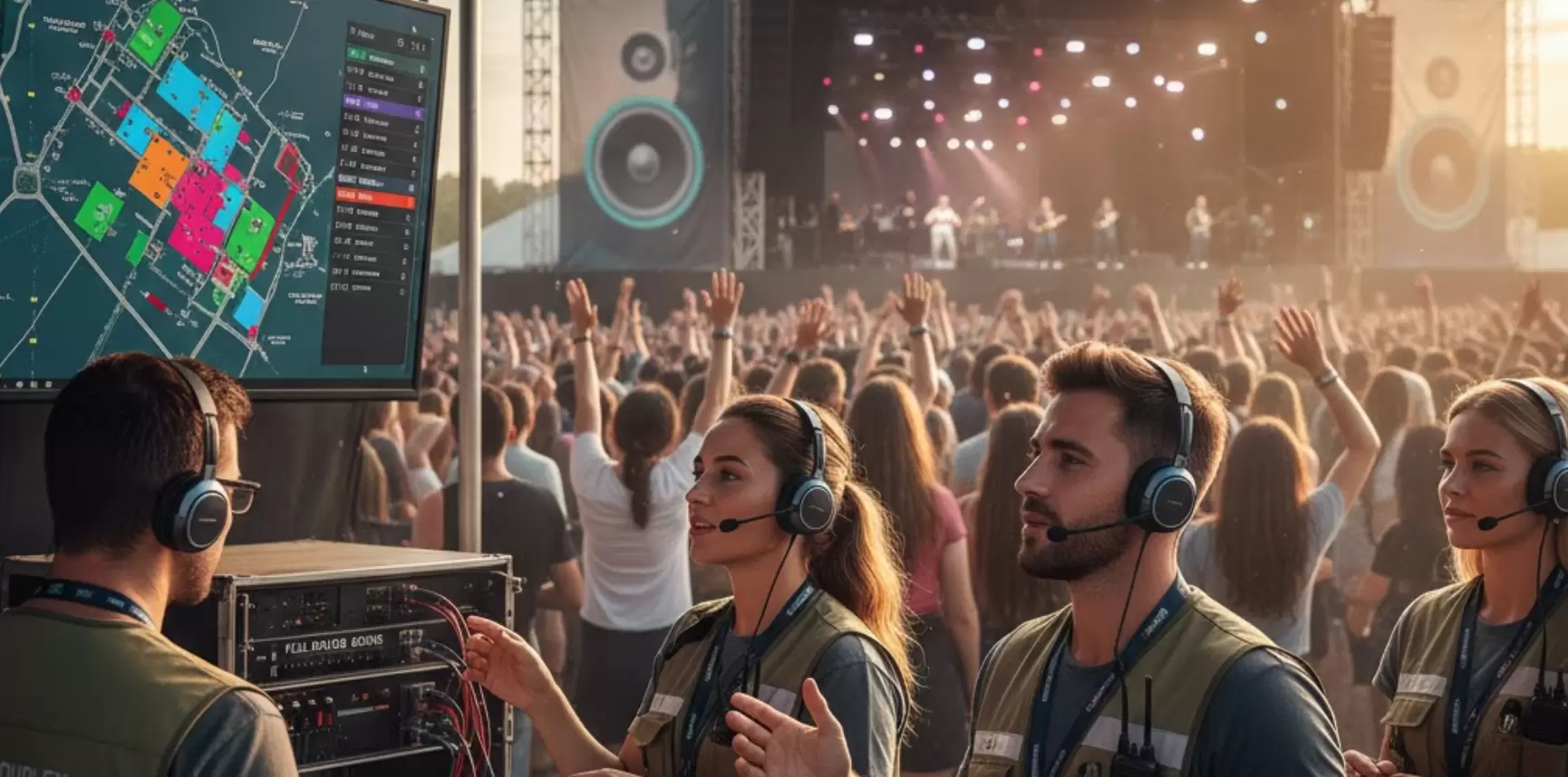 Veranstaltungspersonal koordiniert die Kommunikation bei einem Konzert mit Vollduplex-Headsets.