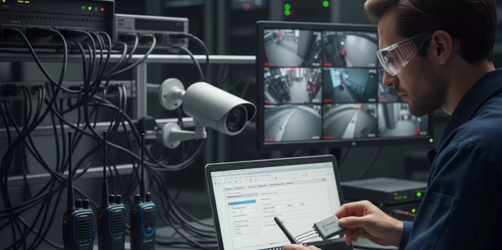 Techniker, der Vollduplex-Audiomodule in ein Videoüberwachungssystem integriert.