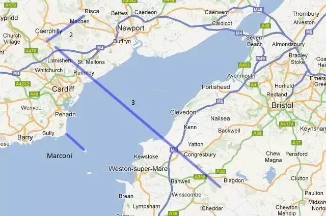Der Standort Cardiff für den 40 Kilometer langen Verbindungstest liegt im Norden der Stadt (264 Meter über dem Meeresspiegel), und das andere Ende der 40 Kilometer langen Sichtlinie ist Mendips' Black Down (325 Meter über dem Meeresspiegel). auf der anderen Seite der Bristol Passage.