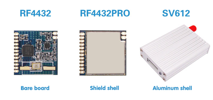 Funkmodul RF4432PRO mit Abschirmabdeckung und Funkmodul SV612 mit Gehäuse aus Aluminiumlegierung