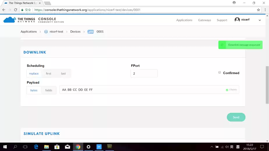 Wenn Sie einen weiteren Uplink senden, erhält der Knoten diesen Downlink.