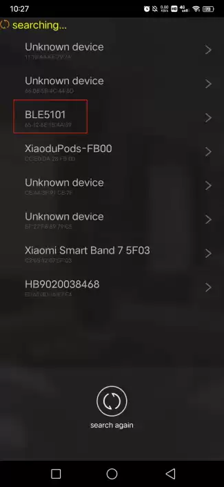 Öffnen Sie FR801xH_OTA, suchen Sie das BLE-Modul BLE5101 und klicken Sie, um eine Verbindung zu Bluetooth herzustellen.