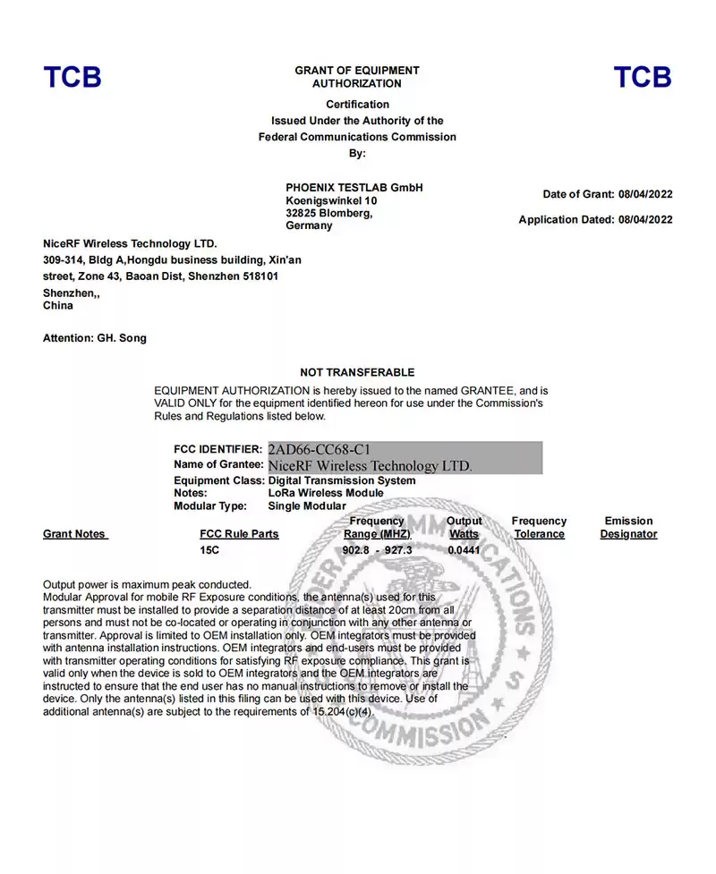 NiceRF hat das FCC-ID-Zertifikat seines neuen LLCC68 LoRa-Moduls CC68-C1 erhalten.