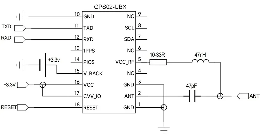 Typische Anwendungsschaltung des UBLOX GPS-Moduls GPS02-UBX