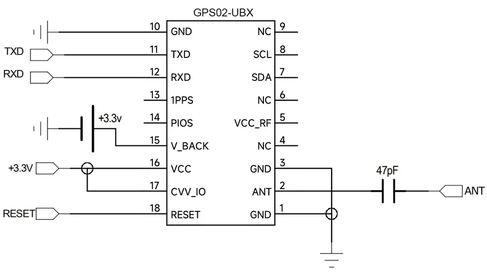 Typische Anwendungsschaltung des UBLOX GPS-Moduls GPS02-UBX