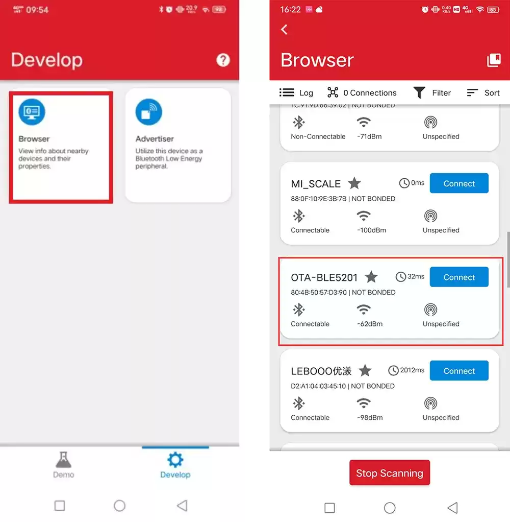 Klicken Sie auf „Browser“ und „Connect“.