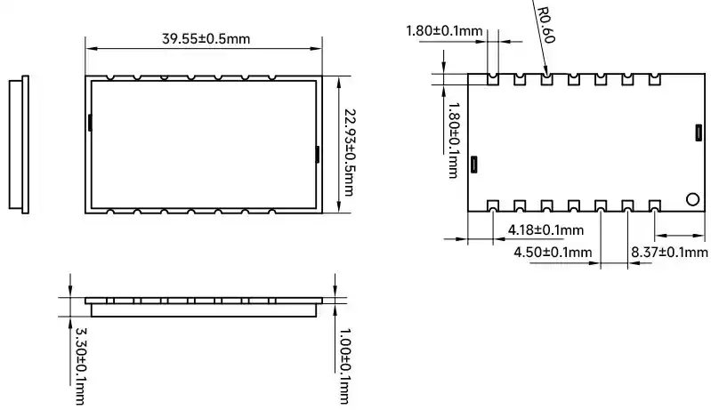 Mechanische Abmessungen des Funkmoduls LoRa6100II Mechanische Abmessungen des Funkmoduls LoRa6100II