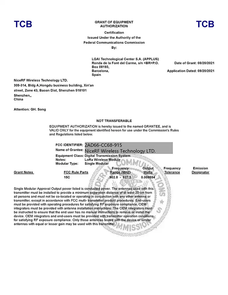 LoRa-Modul LoRa-CC68-915-FCC-Zertifizierung