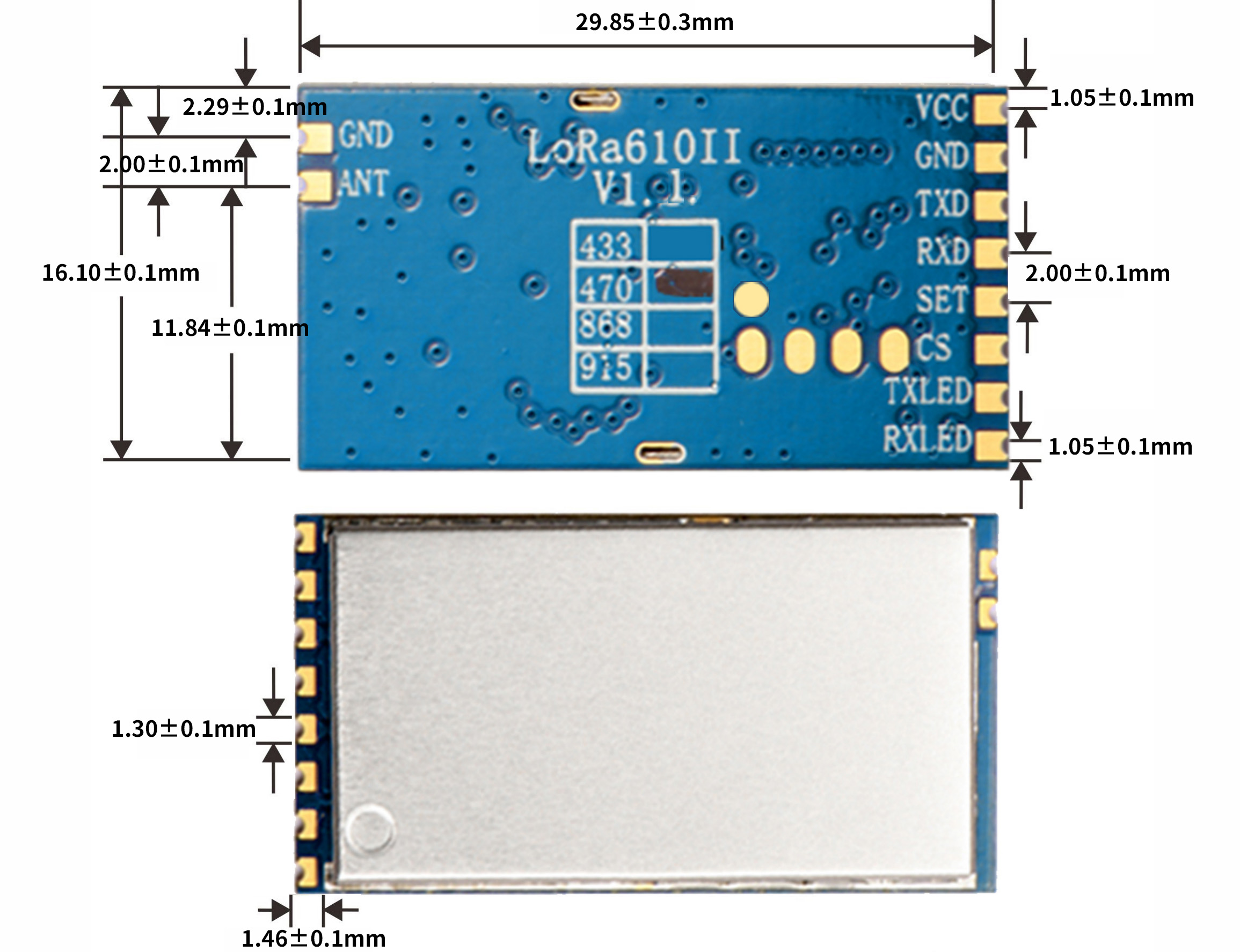 Mechanische Abmessungen des LoRa-Moduls LoRa610II