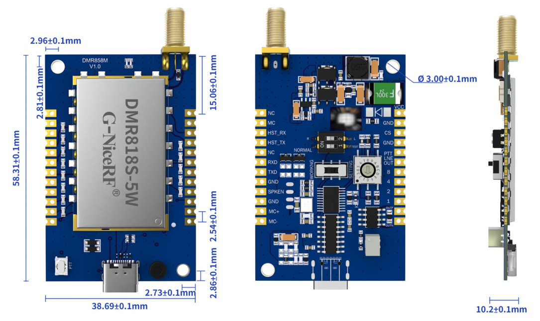 Mechanische Abmessungen des DMR858M-Moduls