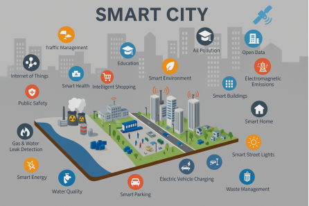 Eine Infografik, die verschiedene Smart-City-Anwendungen veranschaulicht, wie z. B. intelligentes Parken, intelligente Straßenbeleuchtung, öffentliche Sicherheit und Verkehrsmanagement.